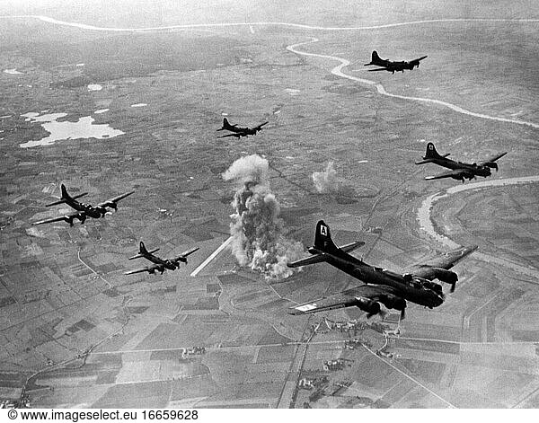 Marienburg  Germany  October 22  1943
Smoke rises from the bombed Focke-Wulf aircraft fighter plant as B-17 Flying Fortresses of the US 8th Air Force Bomber Command turn from their target on thier way home from what is now Malbork  Poland.