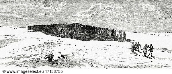 Mariette Bey House in Saqqara. Francois Auguste Ferdinand Mariette (1821-1881) was a French scholar  archaeologist and Egyptologist  founder of the Egyptian Department of Antiquities  the forerunner of the Supreme Council of Antiquities. Ancient Egypt History. Old 19th century engraved illustration from El Mundo Ilustrado 1879.