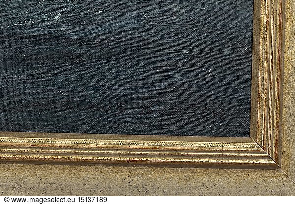 MARINE UND SCHUTZTRUPPEN  Claus Bergen (1885 - 1964) - 'Im Atlantic' Ã–l auf Leinwand und Keilrahmen. Stimmungsvoll gemalte unruhige See  der Himmel mit grauen Wolken verhangen  nur im Zentrum reiÃŸt die Wolkendecke auf und lÃ¤sst Sonnenlicht durch. Rechts unten signiert  der Keilrahmen rs. entsprechend betitelt. BildmaÃŸe 60 5 x 95 cm  RahmenmaÃŸe 76 5 x 111 cm. Rs. Genehmigungsstempel fÃ¼r einen Export aus Chile.