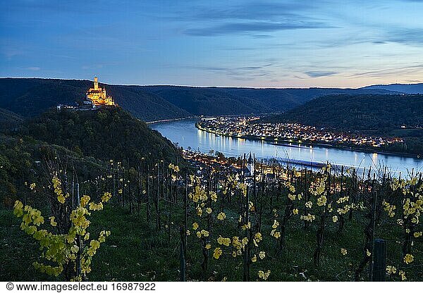 Marksburg Castle at dusk  UNESCO World Heritage Site Upper Middle Rhine Valley  Braubach  Rhineland-Palatinate  Germany  Europe