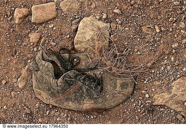 Maroder Arbeitsstiefel aus Leder steht auf Mauer  verrotteter Schuh  Schuhwrack  vergammelter Treter  ausgelatschter Schuh  abgetragener Schuh  alter Schuh