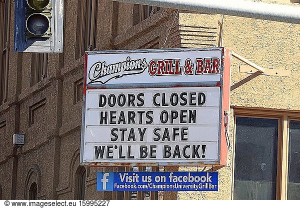 Marquee sign at Idaho nightclub bar after being closed as part of city wide order to help prevent spread of the Coronavirus  downtown Moscow  Idaho  home of the University of Idaho.
