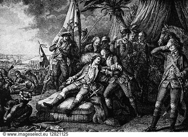 MARQUIS DE MONTCALM (1712-1759). Marquis Louis Joseph de Montcalm de Saint-Veran. French soldier. The death of General Montcalm  mortally wounded at the Battle of Quebec during the French and Indian War  13 September 1759. Line engraving  18th century.