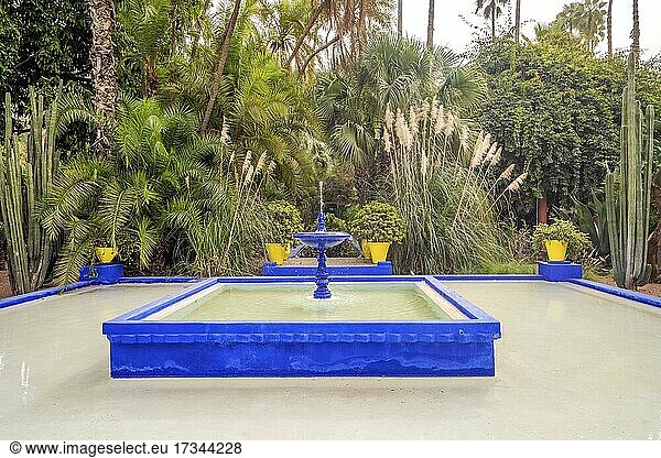 Marrakech  Morocco  January 15  2020:Beautiful fountain in Majorelle Garden established by Yves Saint Laurent  Africa