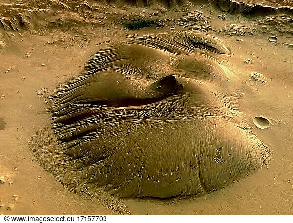 MARS Nicholson Krater -- 2004 -- Die HRSC an Bord von ESA's Mars Express hat dieses Bild während der Umlaufbahn 1104 um den Mars mit einer Bodenauflösung von ungefähr 15. 3 Metern pro Pixel. Diese perspektivische Ansicht zeigt den zentralen Teil des Nicholson-Kraters bei etwa 0. 0? Süd und 195. 5? Ost  Blickrichtung Westen. Der Nicholson-Krater  der etwa 100 Kilometer breit ist  liegt am südlichen Rand von Amazonis Planitia  nordwestlich einer Region namens Medusae Fossae -- Bild von Lightroom Photos / ESA.