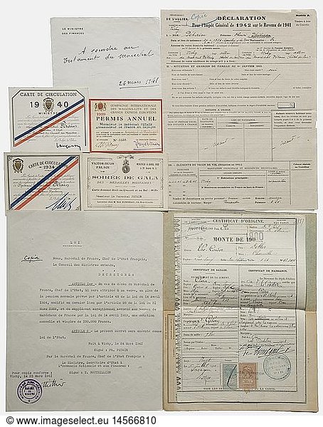 Marshal Philippe PÃ©tain (1856 - 1951)  personal documents Four dated sets of personal identity cards (1932  1934  1939  1940)  an 1880 pass as a Lieutenant of the Chasseurs Ã  Pied  nine visiting cards as: battalion commander  Lieutenant Colonel (2x)  Colonel  Commander of the 4th Infantry Brigade  Minister of War  Council Vice President  Ambassador  and Head of State  copy of the Law of 24 March 1941 with PÃ©tain's hand written note  'Copy'  signed by Bouthillier as Finance Minister (Pension payment to PÃ©tain's wife in the event of the Marshal's death) with the remark on the envelope 'must be attached to the Marshal's will' dated '24 March 1941'  PÃ©tain's personal tax declaration for 1941  historic  historical  1930s  1930s  20th century  document  documents  object  objects  stills  clipping  clippings  cut out  cut-out  cut-outs