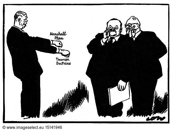 Marshall  George Catlett  31.12.1880 - 16.10.1959  US General und Politiker  AuÃŸenminister 21.1.1947 - 20.1.1949  Karikatur  'Welche Hand willst du  Towarisch?' Zeichnung von Low  'New York Times'  1947