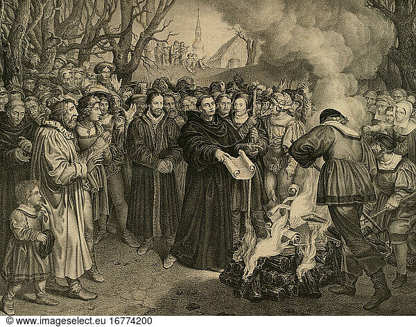 Martin Luther; Reformer; 1483–1546. “Luther burns the papal bull and canon law before Wittenberg  on December 10  1520 . Lithograph  circa 1827  by Wilhelm von Löwenstern.
(From a series of 15 lithographs with scenes from Luther’s life).
Berlin  Sammlung Archiv für Kunst und Geschichte.