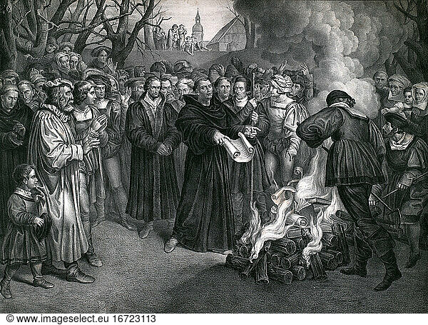 Martin Luther; Reformer; 1483–1546. “Luther burns the papal bull and canon law before Wittenberg  on December 10  1520 . Lithograph  circa 1827  by Wilhelm von Löwenstern.
(From the series of 16 lithographs of smaller formats with Luther’s scenes  c. 1827).