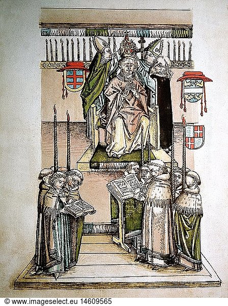 Martin V (Oddone Colonna)  1368 - 20.2.1431  Pope since 11.11.1417  coronation to the Pope during of the council of Constance  miniature  chronicle of the Ulrich von Richenthal 1483  Rosgarten Museum  Constance  Germany