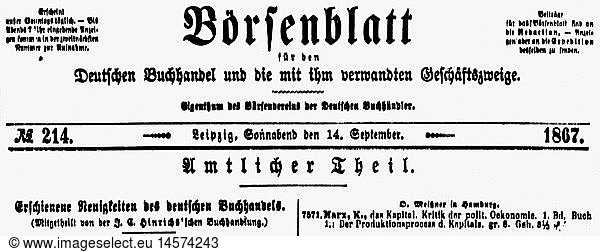Marx  Karl  5.5.1818 - 14.3.1883  deut. Philisoph  Werke  'Das Kapital'  Verlag Otto MeiÃŸner  AnkÃ¼ndigung im 'BÃ¶rsenblatt fÃ¼r den Deutschen Buchhandel'  Leipzig  17.9.1867