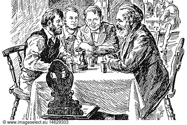 Marx  Karl  5.5.1818 - 14.3.1883  deut. Philosoph  spricht in einer GaststÃ¤tte mit Proletariern  Zeichnung fÃ¼r ein Schulbuch nach Nikolai Schukow  Sowjetunion  1931