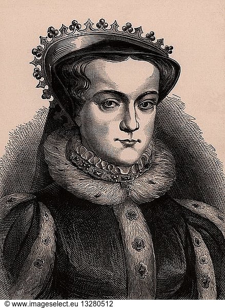 Mary I (1516-58) Queen of England from 1553. Daughter of Henry VIII and Catherine of Aragon and a staunch Roman Catholic  Mary married Philip II of Spain but the marriage was childless. Her reign was one of religious unrest and her persecution of Protestants caused her to be called 'Bloody Mary'. A member of the Tudor dynasty. Wood engraving c1900. Royalty.
