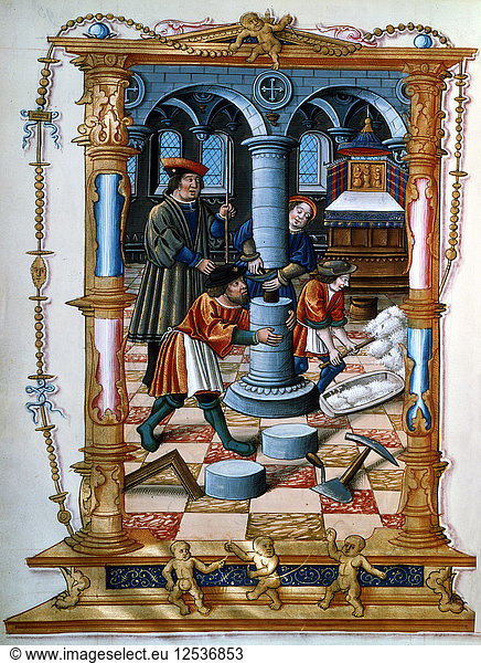 Masons building a pillar in a church  c1525. Artist: Unknown