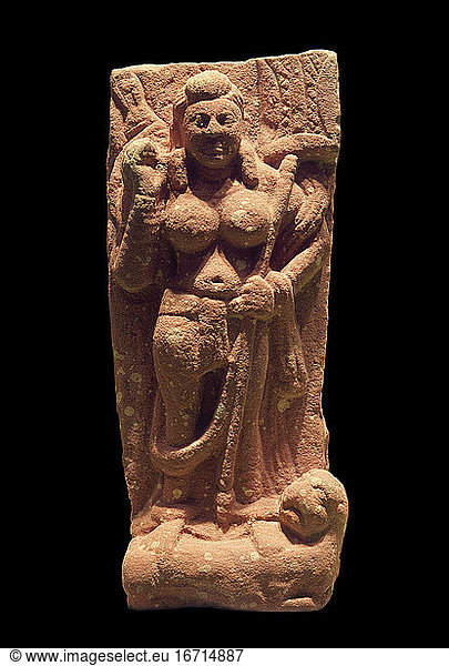 Mathura (Uttar Pradesh  North India) 
2nd century. – Durga  standing on the lion. – High relief. Reddish  spotted sandstone  height 25 7 cm  width 11 5 cm  depth 6 3 cm. Inv. No. MIK I 5894.
Berlin  SMB  Museum of Asian Art.