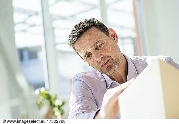 Mature architect examining house model in office