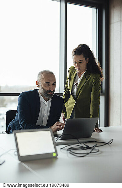 Mature businessman and businesswoman having discussion over laptop