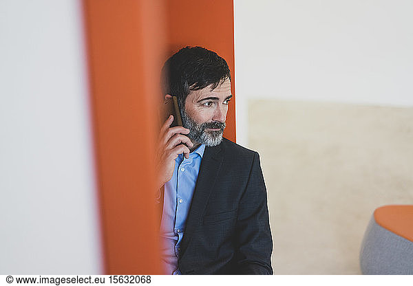Mature businessman sitting in a niche talking on cell phone