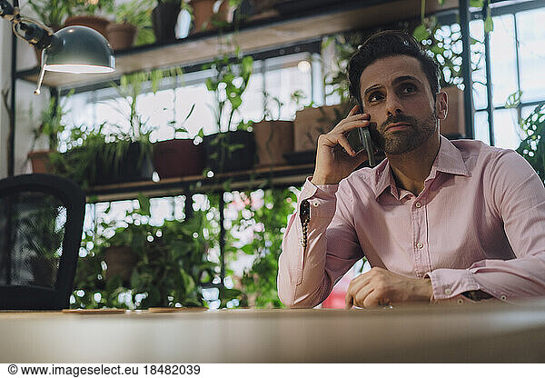 Mature businessman talking on smart phone sitting in office