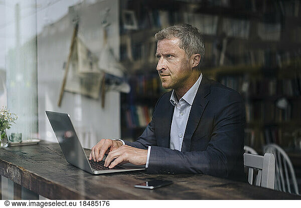 Mature businessman with laptop sitting in cafe