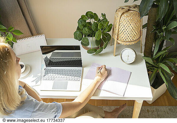 Mature freelancer writing in diary sitting with laptop at desk in home office