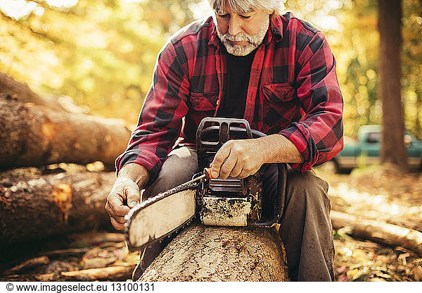 Mature male lumberjack examining chainsaw while sitting on log in forest