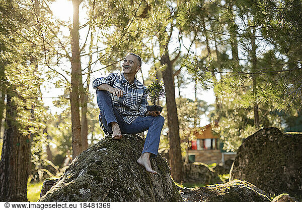 Mature man sitting on a rock holding a bonsai