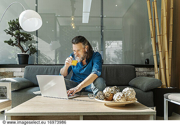 Mature man with a beard drinking orange juice and looking at his lapto