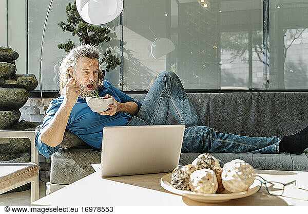 Mature man with a beard eating a salad and looking at his laptop on a sofa. Break time concept