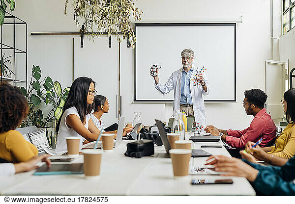 Mature scientist with helix model explaining to business colleagues in office
