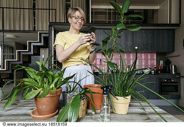 Mature woman using smart phone standing near house plants
