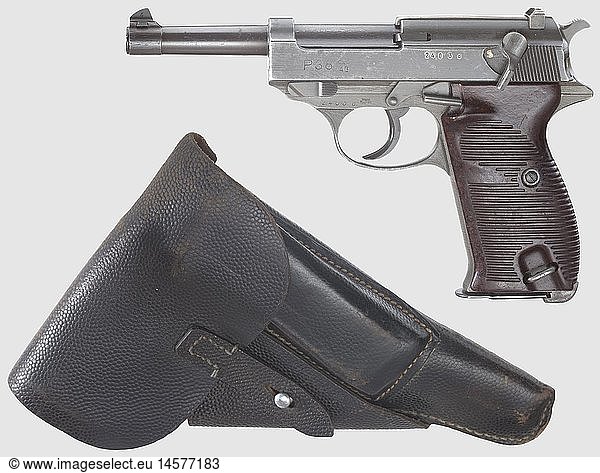 Mauser P 38  FN slide with code 'ac 43'  dual tone  with holster  Cal. 9 mm Parabellum  no. 2403d. Matching numbers. Bright bore. Various acceptance marks eagle/'WaA135' on slide and grip frame. Barrel with original finish  slide in original dark grey phosphatising  slightly spotted on the right. Grip frame phosphatised light grey. Dark brown Bakelite grip panels. Correct magazine with acceptance mark eagle/'WaA135'. Almost mint condition of a rare collectorÃ¯s item. Remark: The slide pre-coded 'ac 43' for Walther by subcontractor FN and marked 'M' at the inner rear was delivered to Mauser instead of to Walther from the occupied FN factory at the end of 1944 to ease lack of material there. Comes with a black  lightly used  knobbed leather holster coded 'cxb 4'. Stitches in good order. Erwerbsscheinpflichtig  historic  historical  1930s  20th century  handgun  handheld  firearms  military  militaria  object  objects  stills  clipping  cut out  cut-out  cut-outs  gun  guns  weapons  arms  weapon  arm