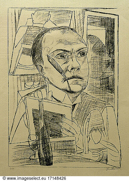 Max Beckmann  painter and graphic artist Leipzig 12.2.1884 – New York 27.12.1950.
“Even in the hotel   1922. Chalk lithograph  illustration: 44.8 × 32 cm. From the series “Berliner Trip   1922  with 10 chalk lithographs on slightly browned paper (Ex 2/100  except sheet 3: 99/100) 
Sheet each 68 × 53.7 cm 
Publishing house I.B. Neumann  Berlin  1922 (printing: C. Naumann’s  Frankfurt / M.). Inv. No. A 1950/790  b
Stuttgart  Staatsgalerie  Graphische Slg.