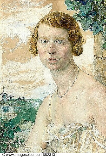Maxence Edgard - Portrait of a Woman with a Pearl Necklace - French School - 19th and Early 20th Century.