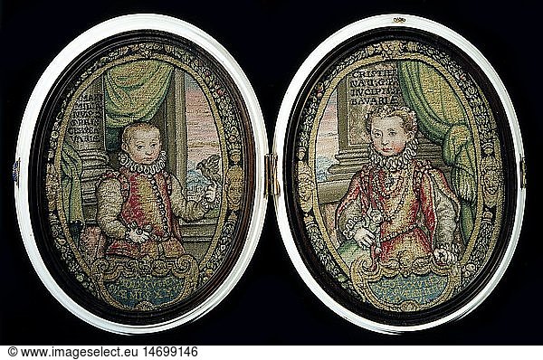 Maximilian I  17.4.1573 - 27.9.1651  Duke of Bavaria 15.10.1597 - 27.9.1651  Elector 25.2.1623 - 27.9.1651  portrait  as child  aside his sister Christine (1571 - 1580)  miniature  embroidery  1576  Bavarian National Museum  Munich