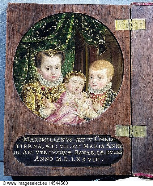 Maximilian I  17.4.1573 - 27.9.1651  Duke of Bavaria 15.10.1597 - 27.9.1651  Elector 25.2.1623 - 27.9.1651  portrait  as child  with his sisters Christine (1571 - 1580) and Maria Anna (1574 - 1616)  miniature  embroidery  1576  Bavarian National Museum  Munich