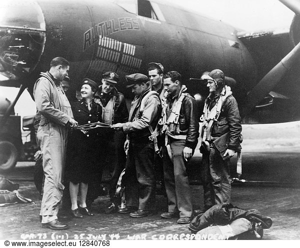 MAY CRAIG (1889-1975). American journalist. With the bomber crew of Colonel Gerald Williams in England during World War II. Photograph  25 July 1944.