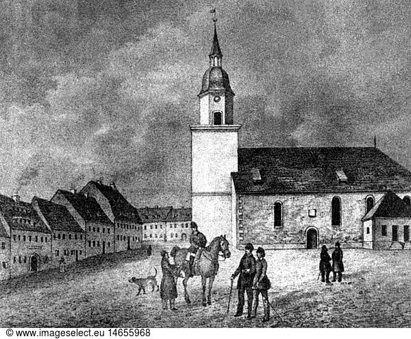 May  Karl  25.2.1842 - 30.3.1912  German author / writer  marketplace in Ernstthal circa 1842  St. Trinitatis church  tavern 'Zur Stadt Glauchau' with arch  cantor  rectory