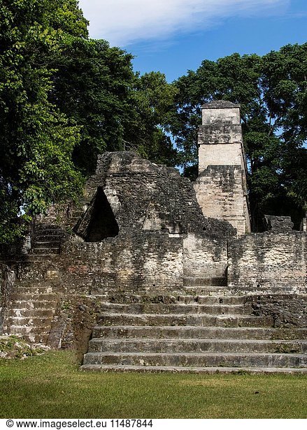 Mayan civilization archeological site of Tikal Nationa Park  Guatemalal  a UNESCO World Heritage site. Ruins of a palace in the Central Acropolis. complex of the site.