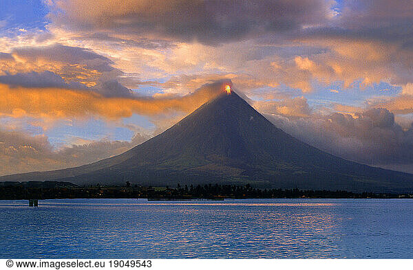 Mayon volcano near Legazpi City - eruption at sunset