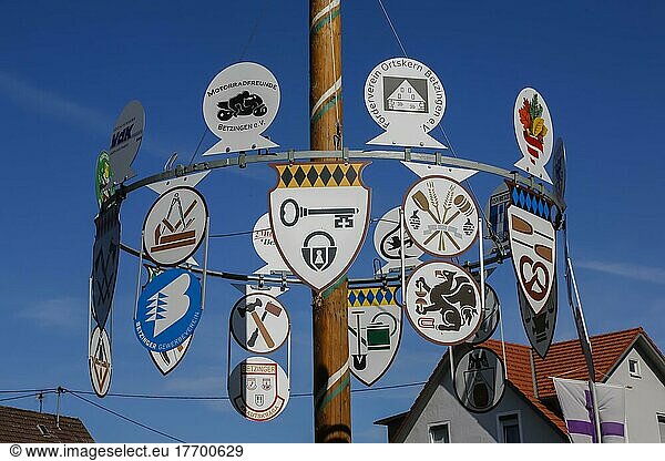 Maypole  decorated tree trunk  guild signs  tradition  customs  village centre  Reutlingen-Betzingen  Baden-Württemberg  Germany  Europe