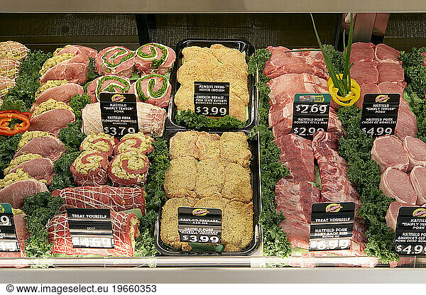 Meats sold at a grocery store.