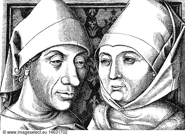 Meckenem  Israhel van  the Younger  circa 1440 - 10.11.1503  German copperplate engraver  self-portrait with wife Ida  copper engraving  early 15th century