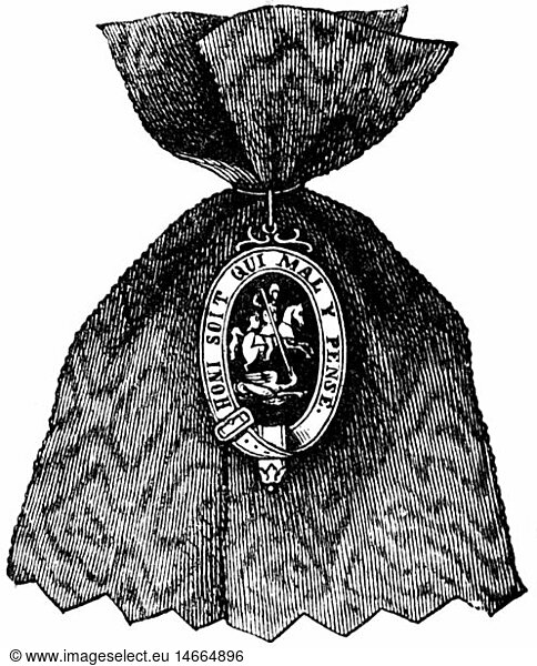 medals and decorations  Great Britain  Order of the Garter  founded 1348 by King Edward III of England  badge  wood engraving  2nd half 19th century  Order of Chivalry  chivalric order  Kingdom of Great Britain and Ireland  British Empire  The Most Noble Order of the Garter  ribbon  ribbons  historic  historical