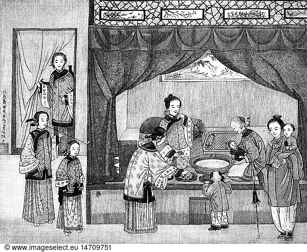 medicine  birth / gynecology  midwife visiting a young Chinese mother  print after a Chinese watercolour  woodcut  graphic  graphics  Asia  China  occupation  occupations  half length  holding  hold  baby  babies  mother  mothers  births  standing  clothes  outfit  outfits  traditional costume  national costume  dress  traditional costumes  national costumes  dresses  tradition  traditions  traditional  midwife  midwives  nurseling  nursling  infant  toddler  infants  toddlers  birthing  bear  give birth  birth  delivery  childbearing  childbirth  custom  customs  medicine  medicines  gynecology  gynaecology  visiting  visit  print  printings  watercolour  watercolor  woodcut  woodcuts  historic  historical  woman  women  female  people