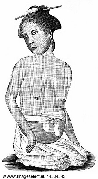 medicine birth / gynecology pregnant Japanese woman who will have a difficult childbearing after watercolour by Maruyama Okyo (1733 - 1795) wood engraving circa 1900