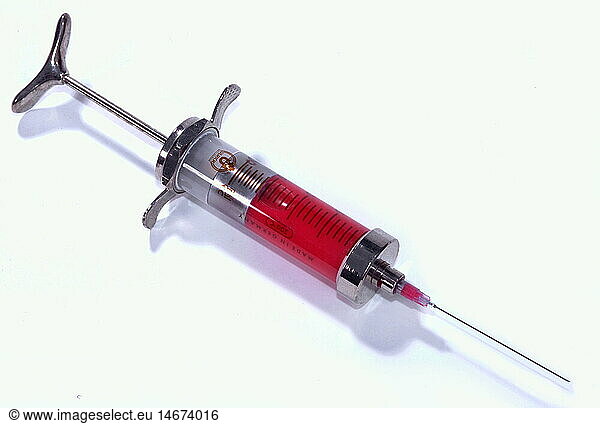 medicine  instruments / equipment  hypodermic syringe  Germany  1950s  hypodermic  hypodermic syringes  historic  historical  1950s  50s  20th century  medical  blood  blood test  blood work  blood tests  blood works  sample  symbol  doping  taking drugs  public health  health care  still  clipping  cut out  cut-out  cut-outs