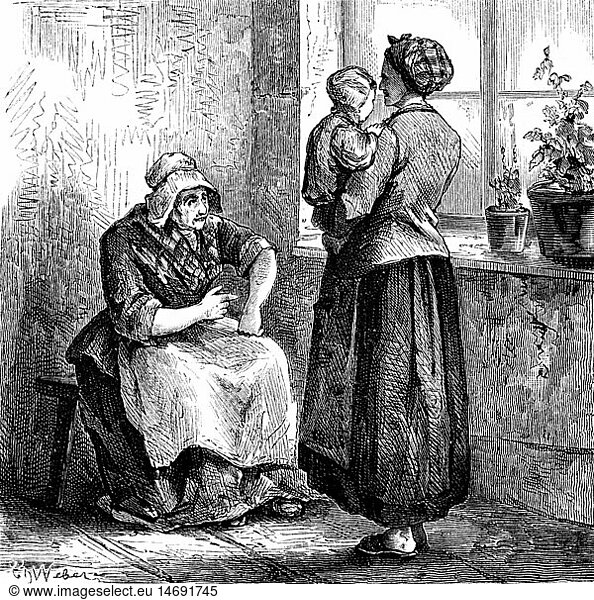 medicine medical doctor 'Die alte Nachbarin als Arzt' (The Old Neighbour as Doctor) after drawing by Theodor Weber (1838 - 1907) wood engraving circa 1870