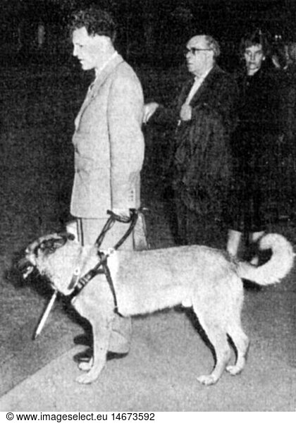 medicine  ophthalmology  blind man with guide dog  from: 'Die BrÃ¼cke'  1964