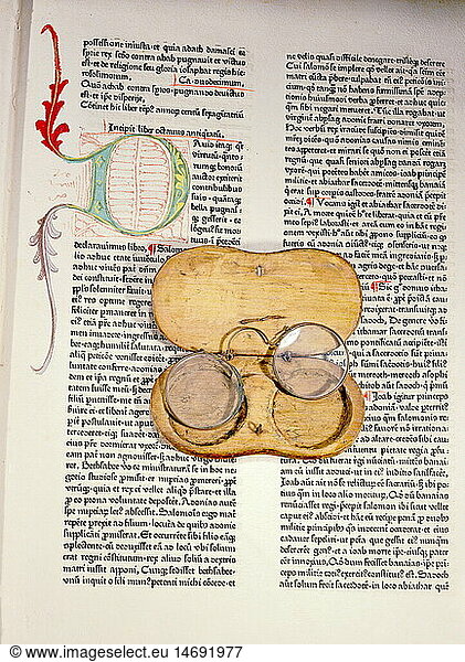 medicine  ophthalmology  glasses  eyeglasses with wooden case  late 16th century  on a page from 'Jewish owners' by Flavius Josephus  Augsburg  1470